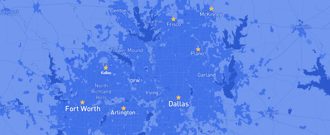 Map of the Metroplex with stars on Keller Fort Worth Arlington Dallas Plano Frisco and McKinney
