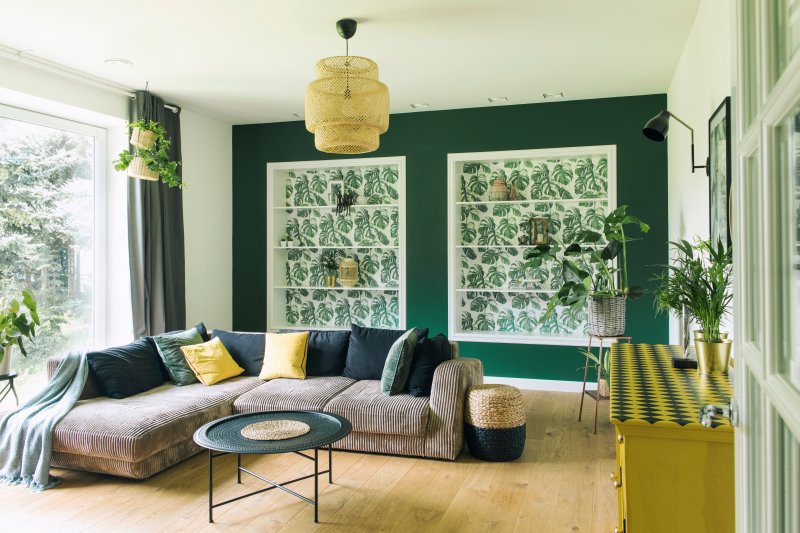 living room with floral wall pattern